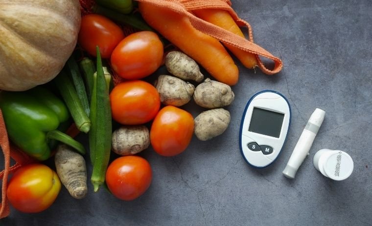 Smart Meal Planning for Diabetic Patients: Some vegetables and a blood sugar tester full setup